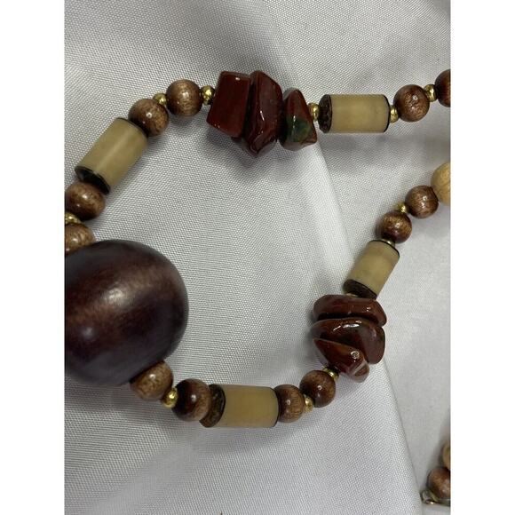 Vintage Ethnic Boho Wood & Jasper Beaded Necklace 29.5” L Signed Kim - Picture 6 of 7